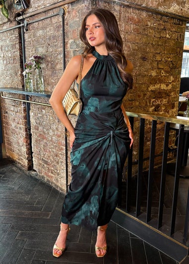 AX Paris Teal And Black Smudge Print Halter Neck Knot Skirt Midi Dress