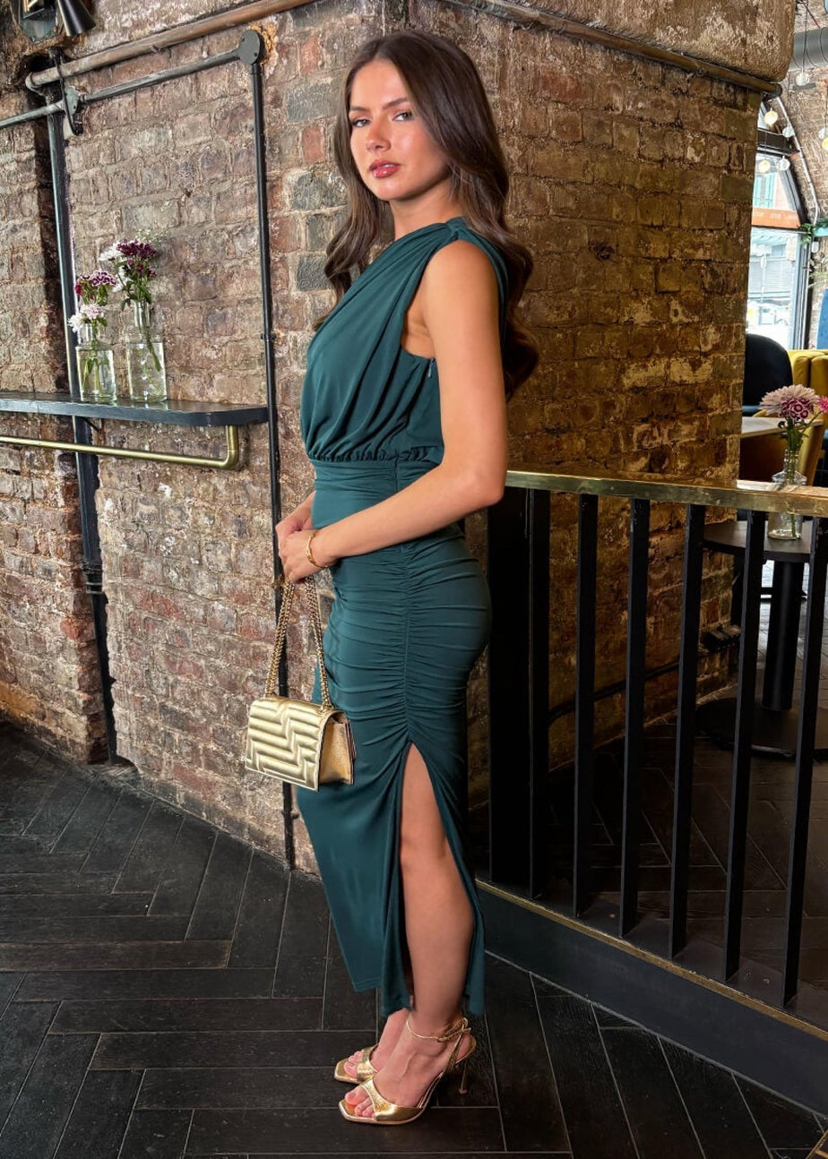 AX Paris Teal Off The Shoulder Draped Top Midi Dress