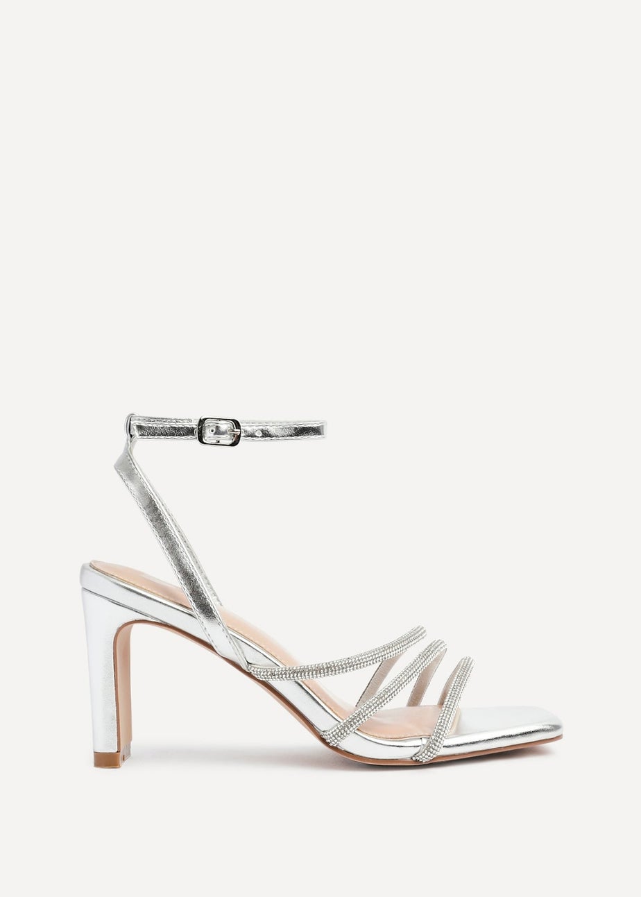 Linzi Glimmer Silver Faux Leather Diamante Block Heel