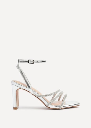Linzi Glimmer Silver Faux Leather Diamante Block Heel