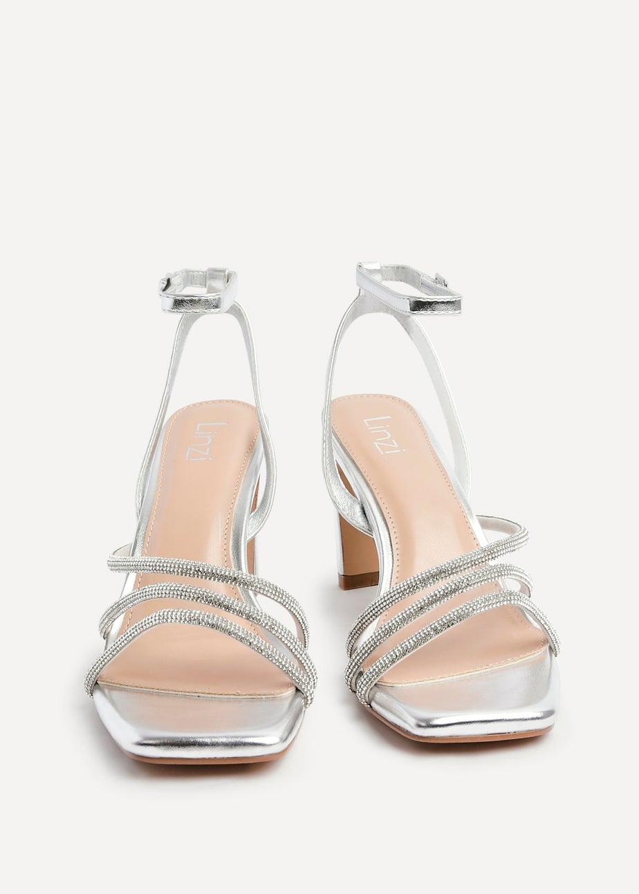 Linzi Glimmer Silver Faux Leather Diamante Block Heel