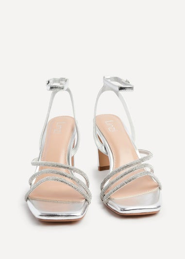 Linzi Glimmer Silver Faux Leather Diamante Block Heel