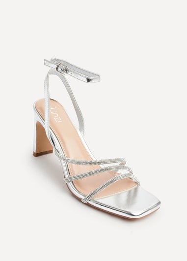 Linzi Glimmer Silver Faux Leather Diamante Block Heel