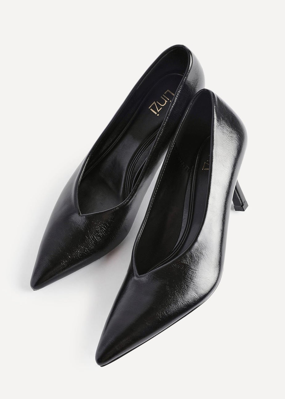 Linzi Bellamy Black Faux Leather V-Cut Vamp Court Heels