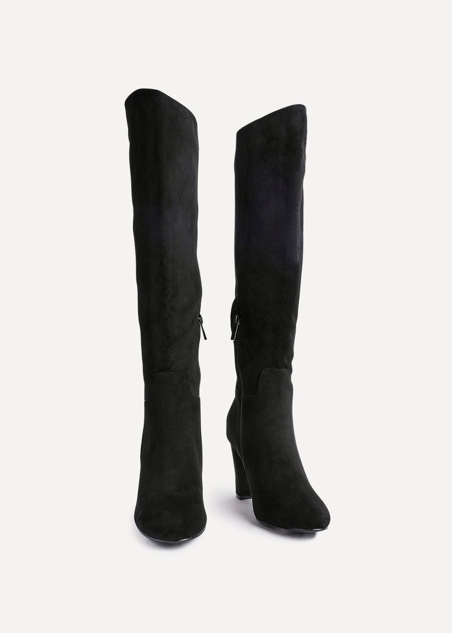 Linzi Claim Black Faux Suede Knee High Block Heeled Boot