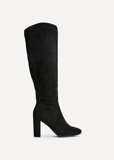 Linzi Claim Black Faux Suede Knee High Block Heeled Boot