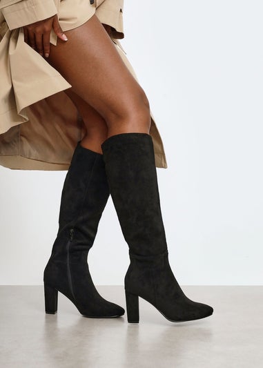 Linzi Claim Black Faux Suede Knee High Block Heeled Boot