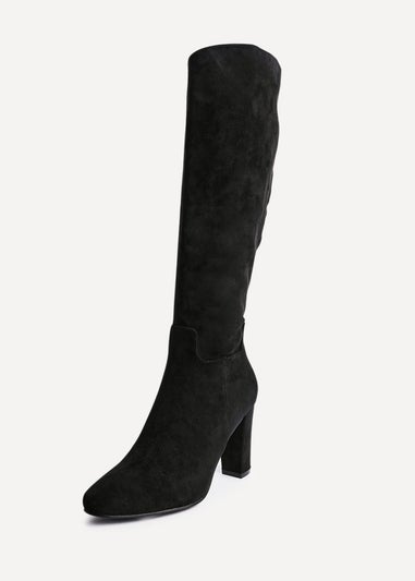 Linzi Claim Black Faux Suede Knee High Block Heeled Boot