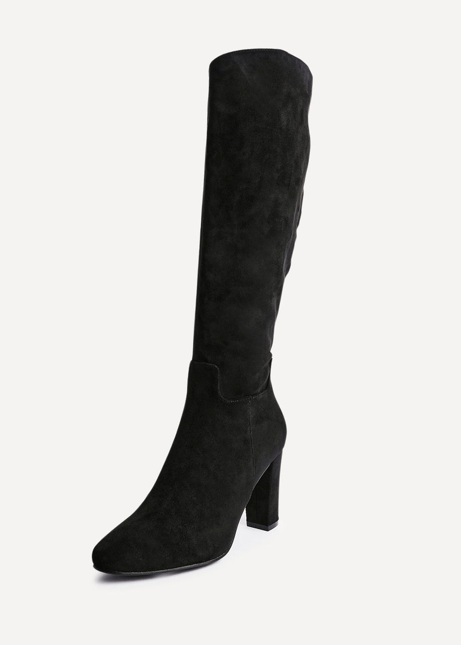 Linzi Claim Black Faux Suede Knee High Block Heeled Boot