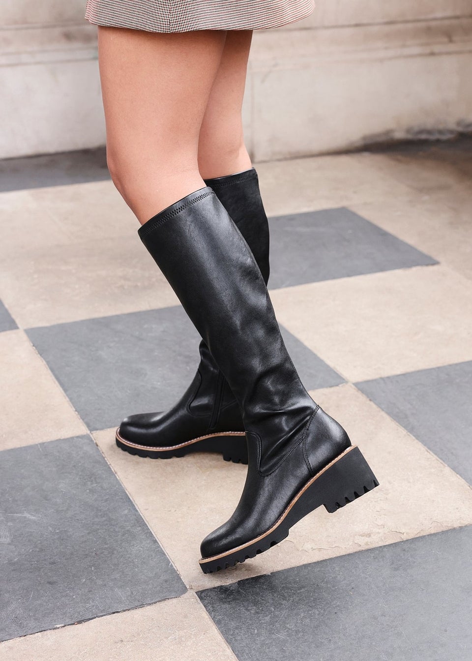 Linzi Resist Black Faux Leather Stretch Wedge High Leg Boot