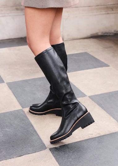 Linzi Resist Black Faux Leather Stretch Wedge High Leg Boot