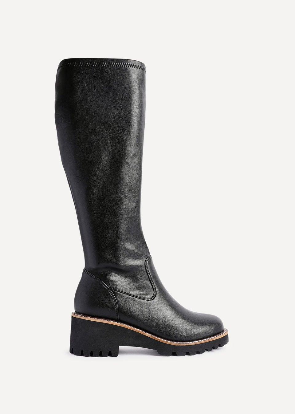 Linzi Resist Black Faux Leather Stretch Wedge High Leg Boot