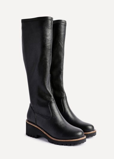 Linzi Resist Black Faux Leather Stretch Wedge High Leg Boot