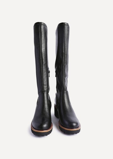 Linzi Resist Black Faux Leather Stretch Wedge High Leg Boot