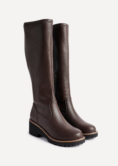 Linzi Resist Brown Faux Leather Stretch Wedge High Leg Boot