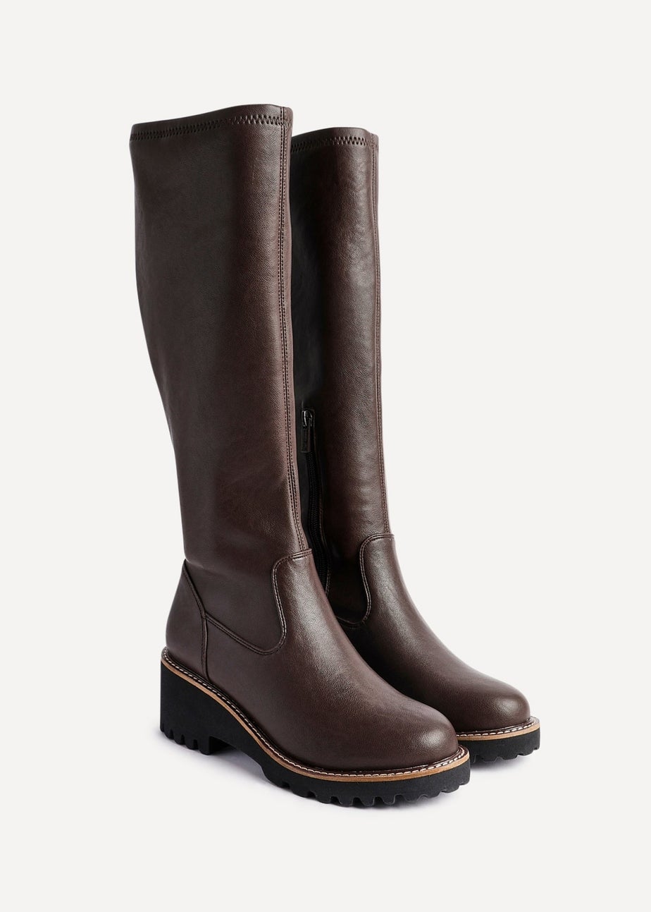 Linzi Resist Brown Faux Leather Stretch Wedge High Leg Boot