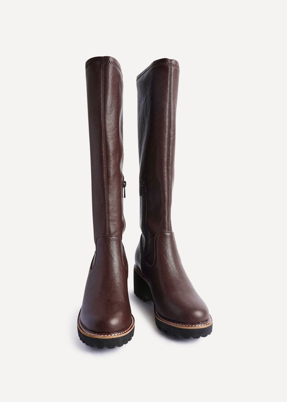 Linzi Resist Brown Faux Leather Stretch Wedge High Leg Boot