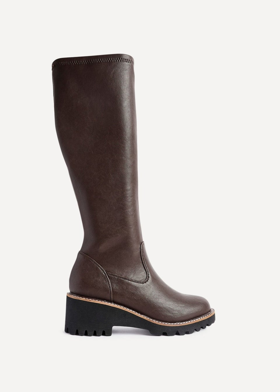 Linzi Resist Brown Faux Leather Stretch Wedge High Leg Boot