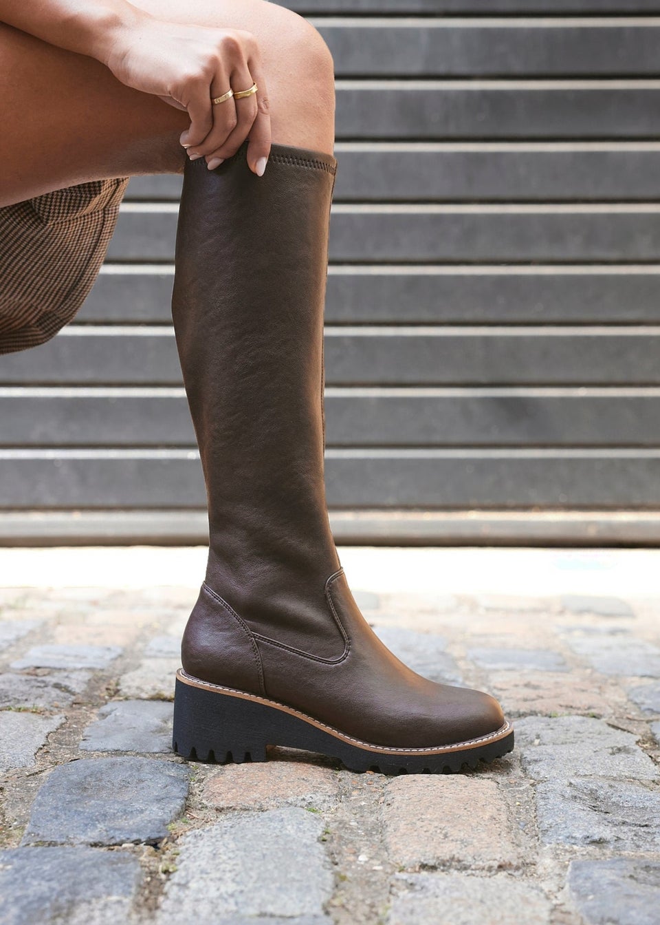 Linzi Resist Brown Faux Leather Stretch Wedge High Leg Boot