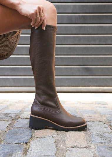Linzi Resist Brown Faux Leather Stretch Wedge High Leg Boot