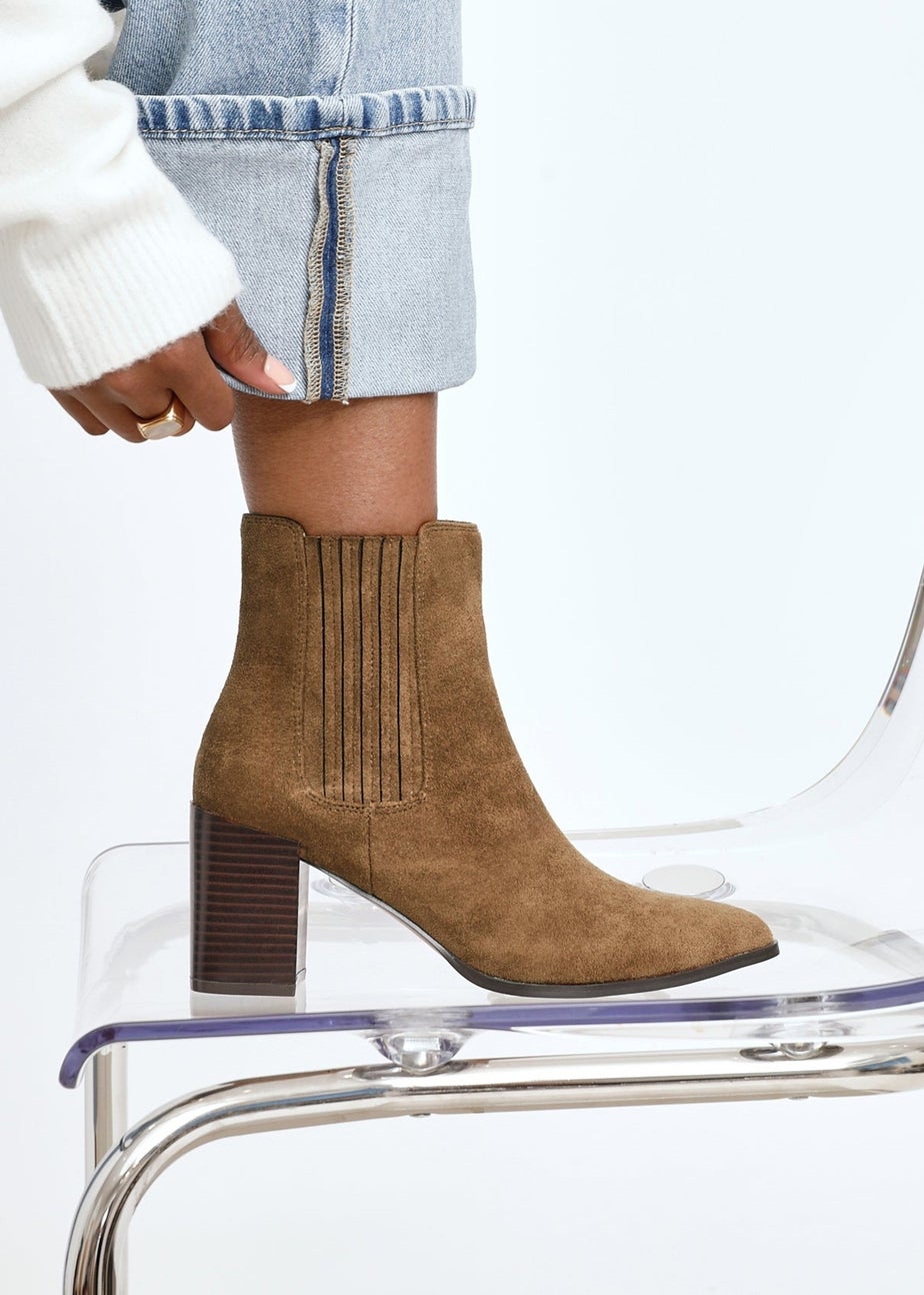 Linzi Thrive Tan Suede Pointed Toe Stacked Blook Heeled Boot