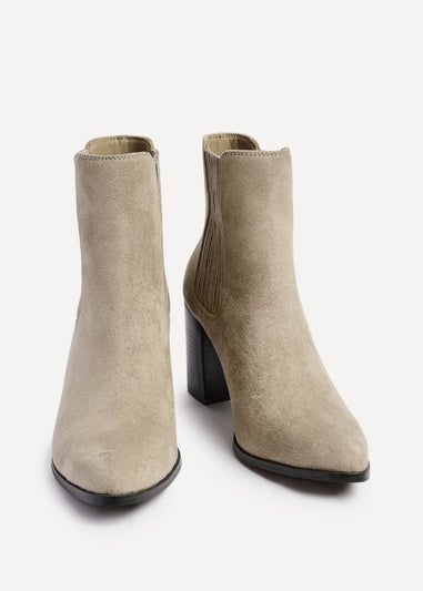 Linzi Thrive Taupe Suede Pointed Toe Stacked Blook Heeled Boot