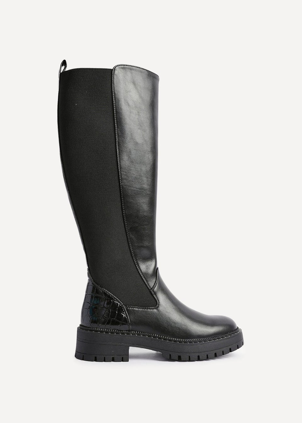 Linzi Swift Black Faux Leather & Croc Knee High Boot