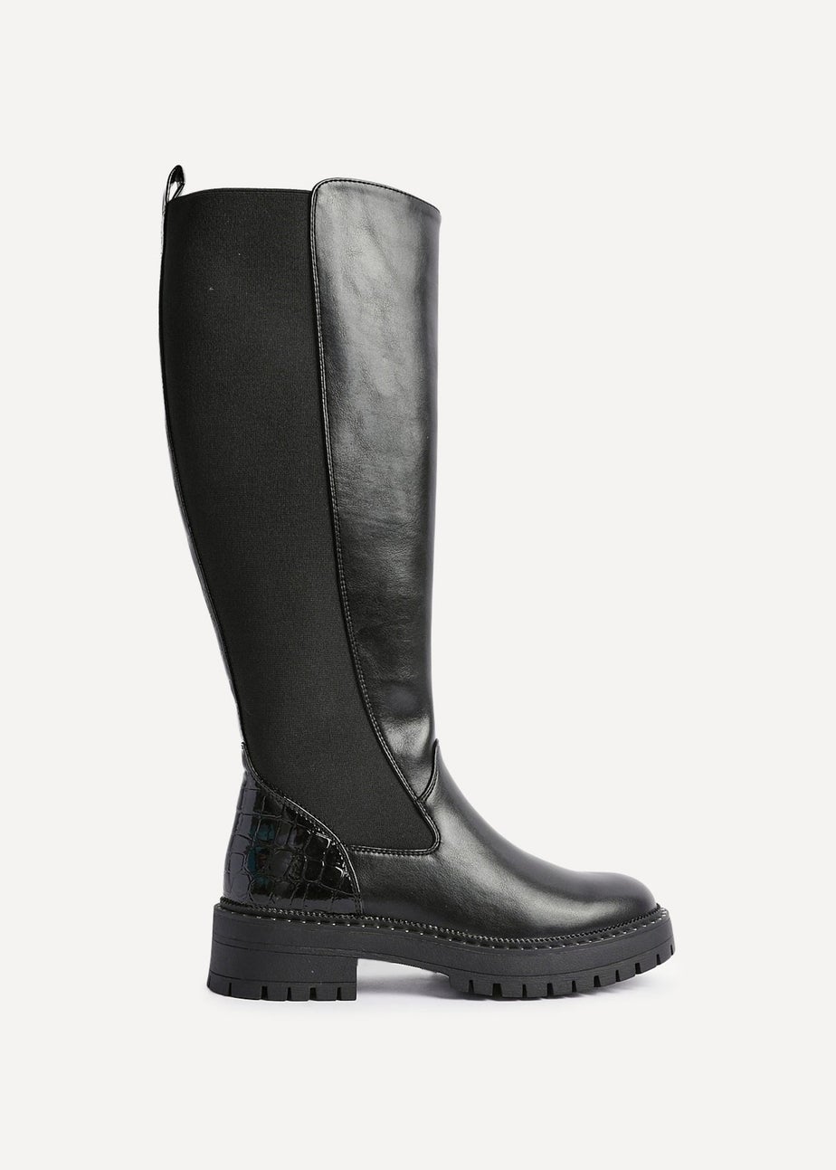 Linzi Swift Black Faux Leather & Croc Knee High Boot