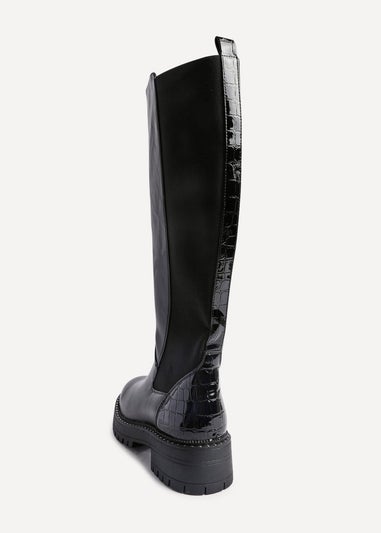 Linzi Swift Black Faux Leather & Croc Knee High Boot