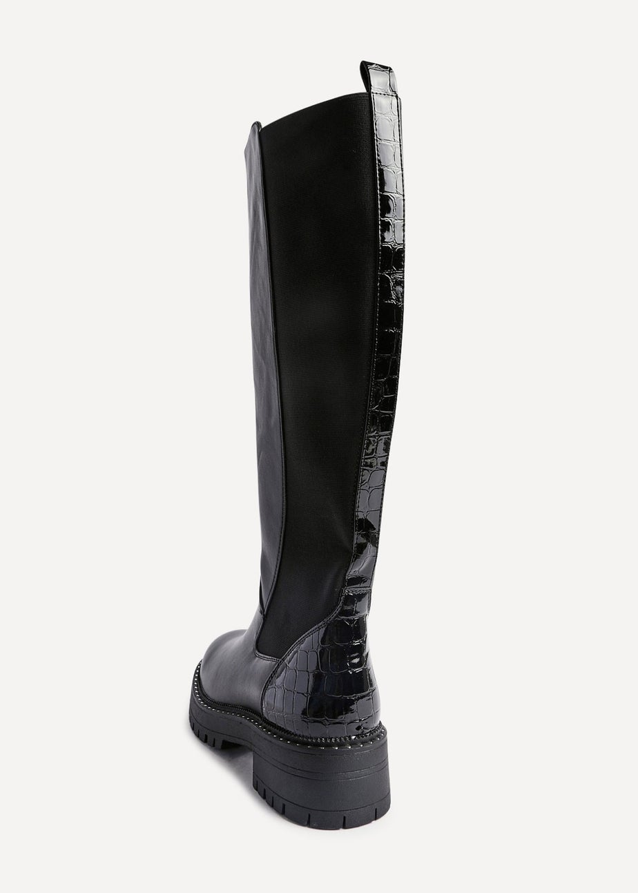 Linzi Swift Black Faux Leather & Croc Knee High Boot