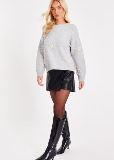 Quiz Grey Pearl Bow Jumper