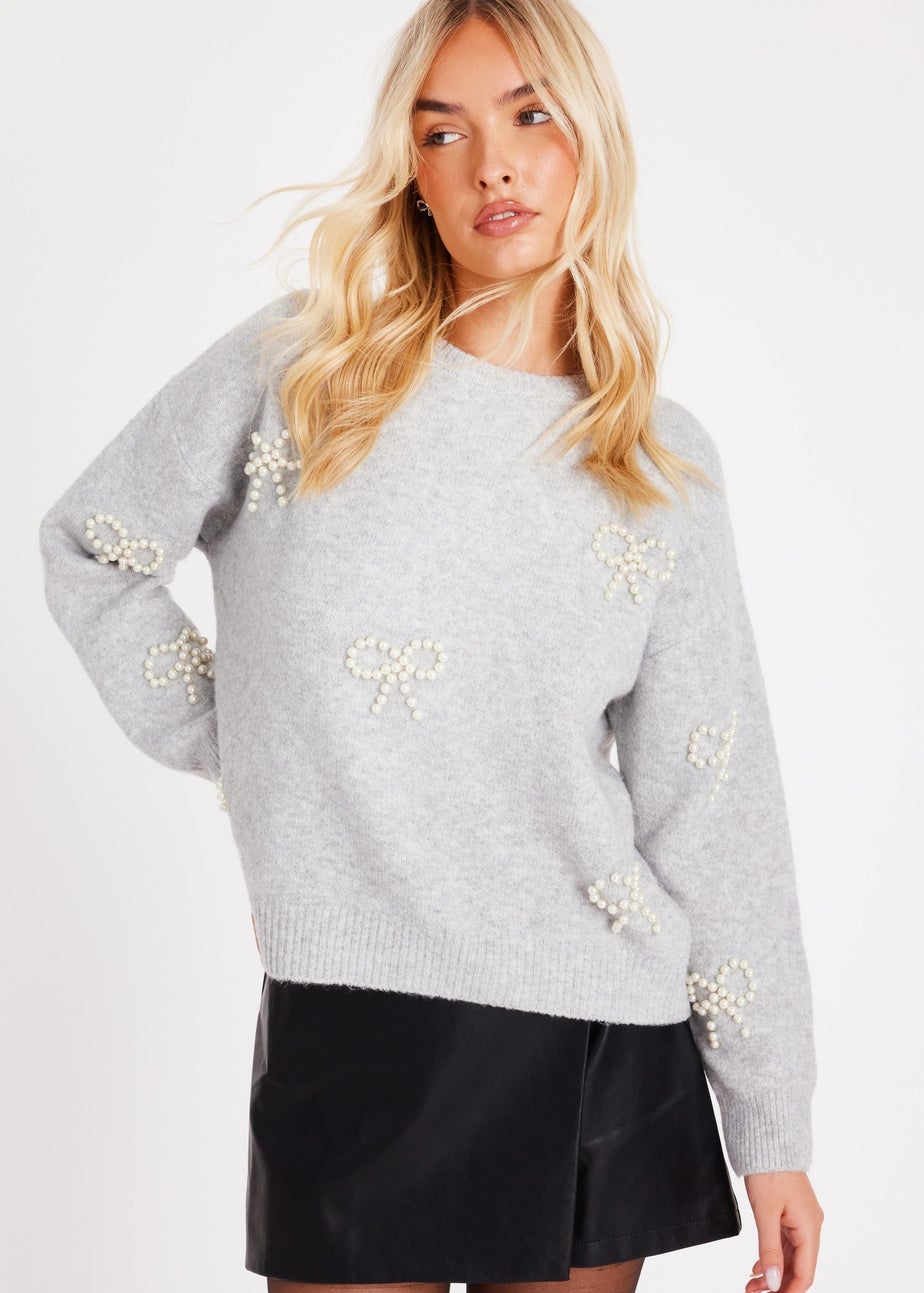 Quiz Grey Pearl Bow Jumper