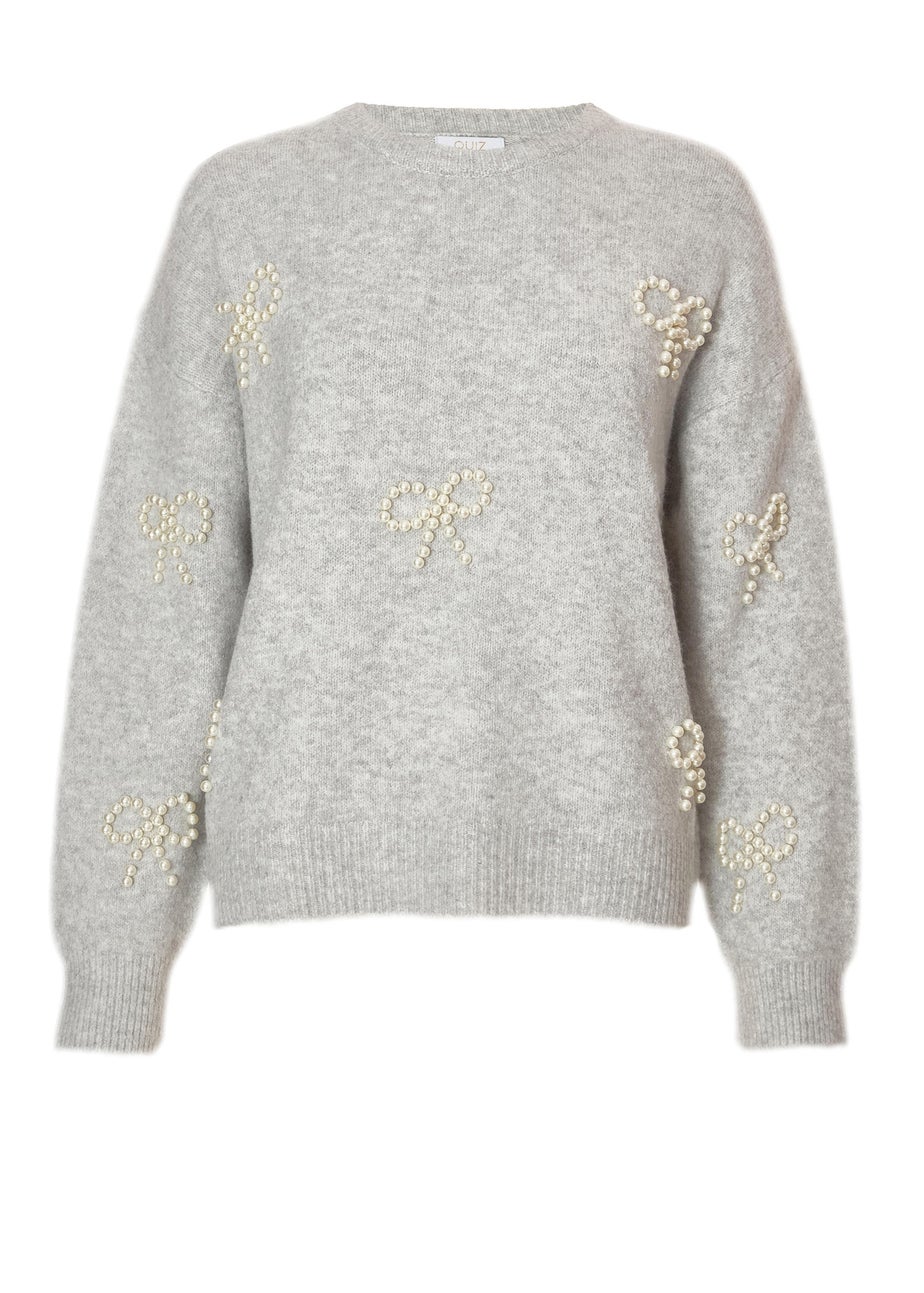 Quiz Grey Pearl Bow Jumper