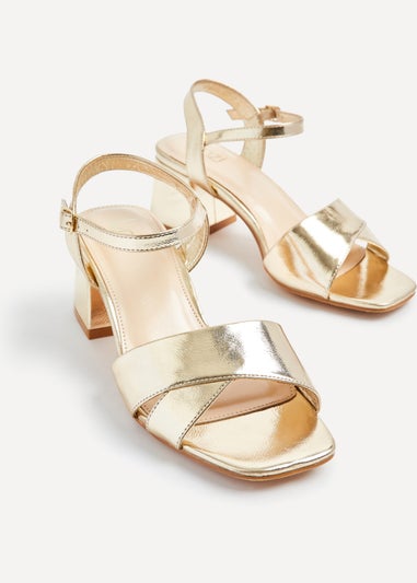 Linzi Vivian Wide Fit Gold Faux Leather Block Heeled Sandals
