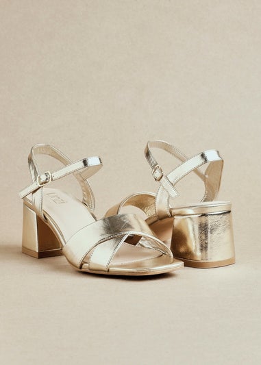 Linzi Vivian Wide Fit Gold Faux Leather Block Heeled Sandals