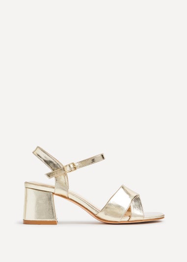Linzi Vivian Wide Fit Gold Faux Leather Block Heeled Sandals