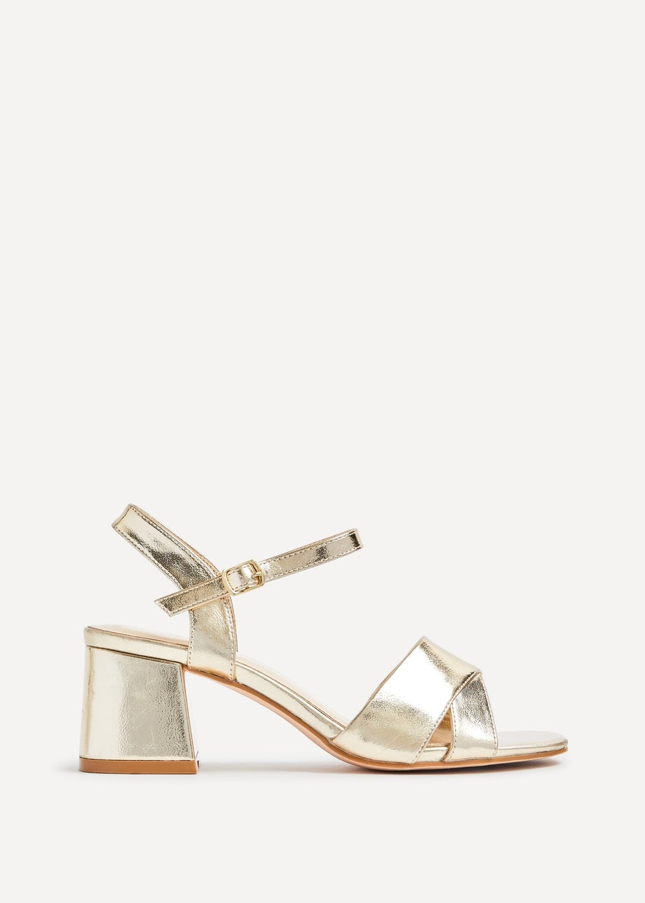 Linzi Vivian Wide Fit Gold Faux Leather Block Heeled Sandals