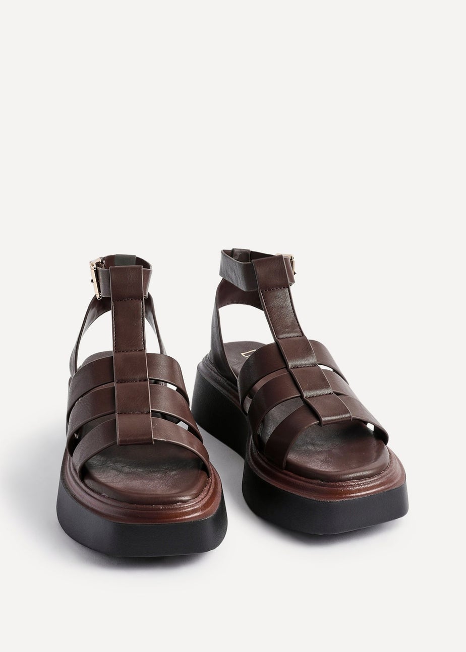 Linzi Vault Brown Faux Leather Gladiator Style Flatform Sandals