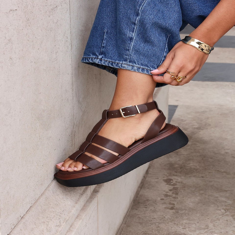 Linzi Vault Brown Faux Leather Gladiator Style Flatform Sandals