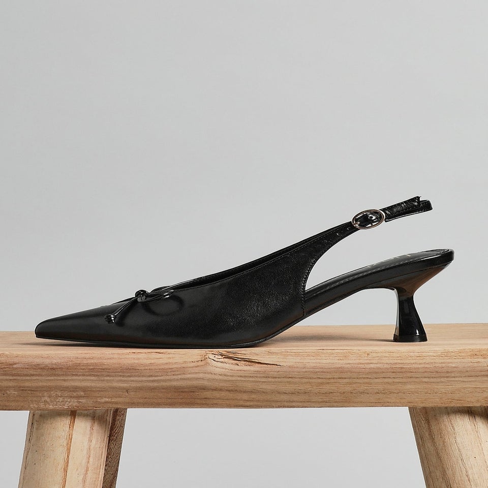 Linzi Ribbon Black Faux Leather Slingback Court Heel
