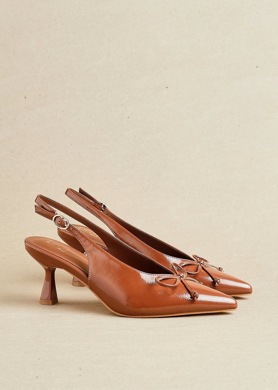 Linzi Ribbon Caramel Faux Leather Slingback Court Heel