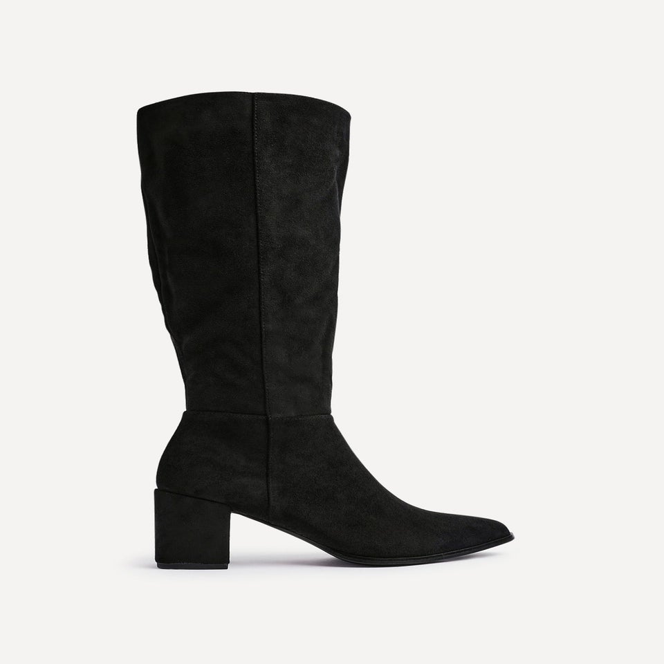Linzi Swerve Black Faux Suede Block Heeled Long Boot