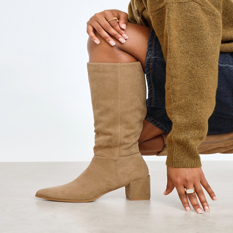 Linzi Swerve Beige Suede Block Heeled Long Boot