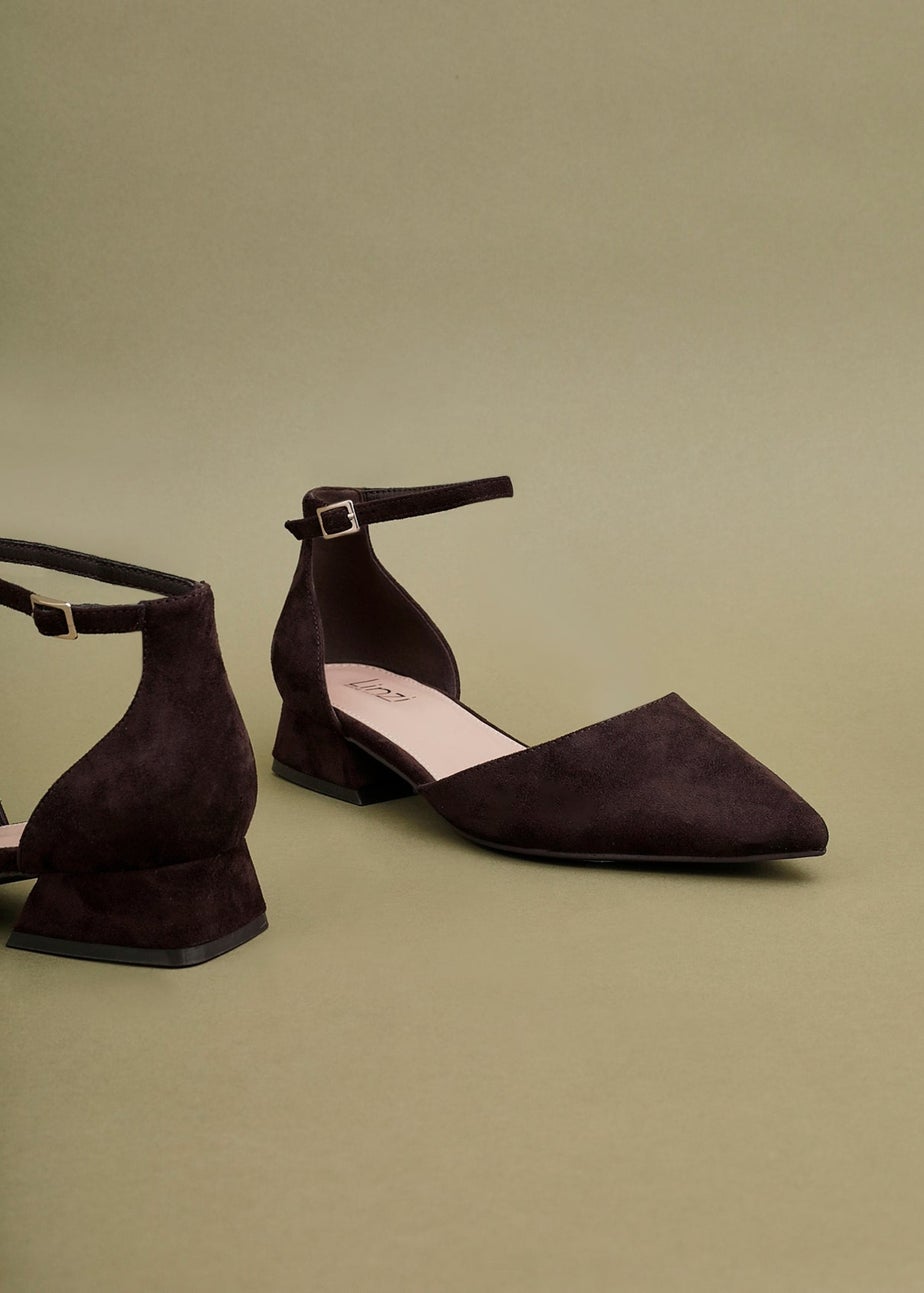 Linzi Dolly Wide Fit Brown Faux Suede Low Block Court Heel