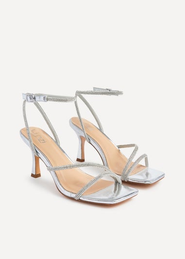 Linzi Ruma Wide Fit Silver Faux Leather Diamante Heeled Sandal