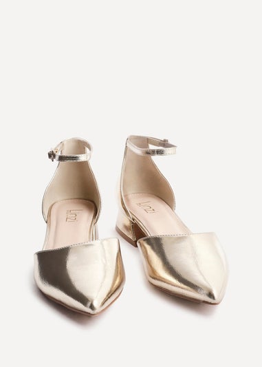 Linzi Dolly Wide Fit Gold Faux Leather Low Block Court Heel
