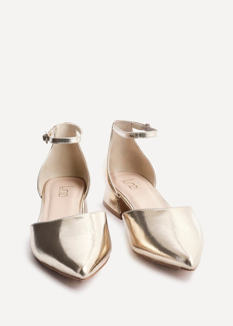 Linzi Dolly Wide Fit Gold Faux Leather Low Block Court Heel