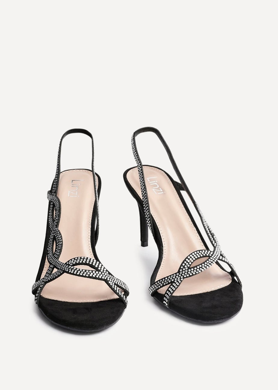 Linzi Kristina Black Faux Suede Diamante Slingback Heels