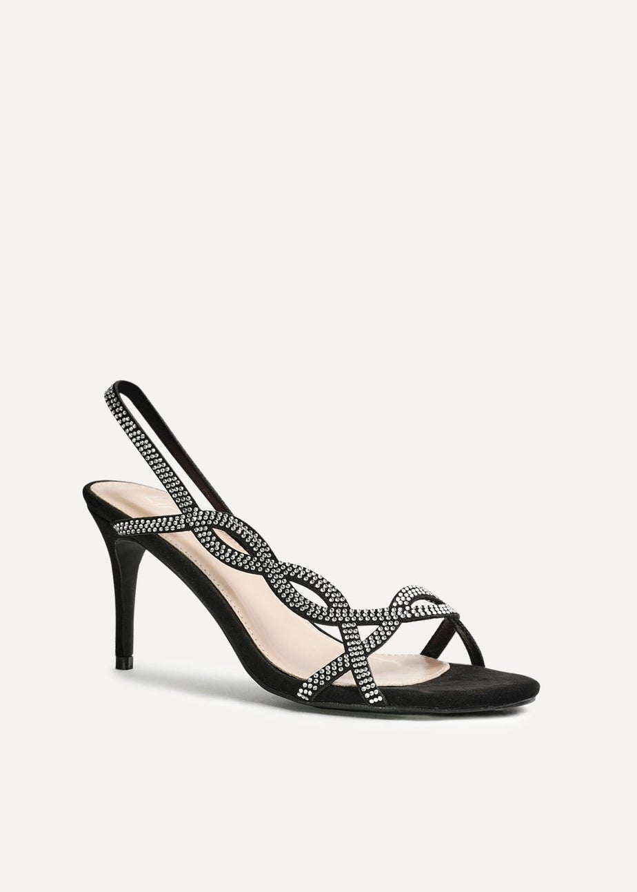Linzi Kristina Black Faux Suede Diamante Slingback Heels