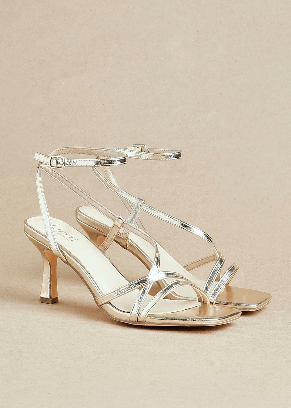Linzi Cassie Wide Fit Gold Faux Leather Strappy Square Toe Heeled Sandal